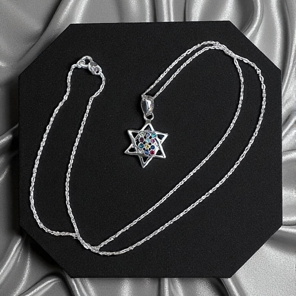 Sterling Silver Hoshen Star of David Multi-Colored CZ Necklace